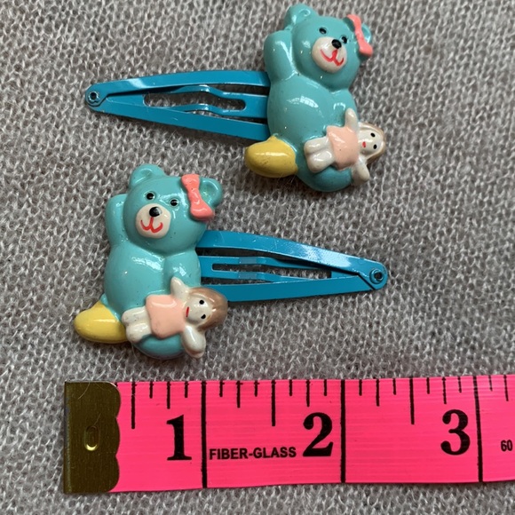 VINTAGE Set of 2 - Kids Bear Hair snap Clip Mini Barrette Blue Turquoise - Picture 5 of 6